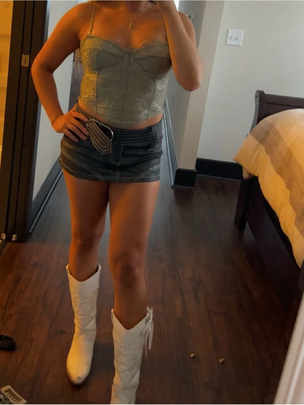 Free People Lace-Overlay Mini Skirt in Sage Green